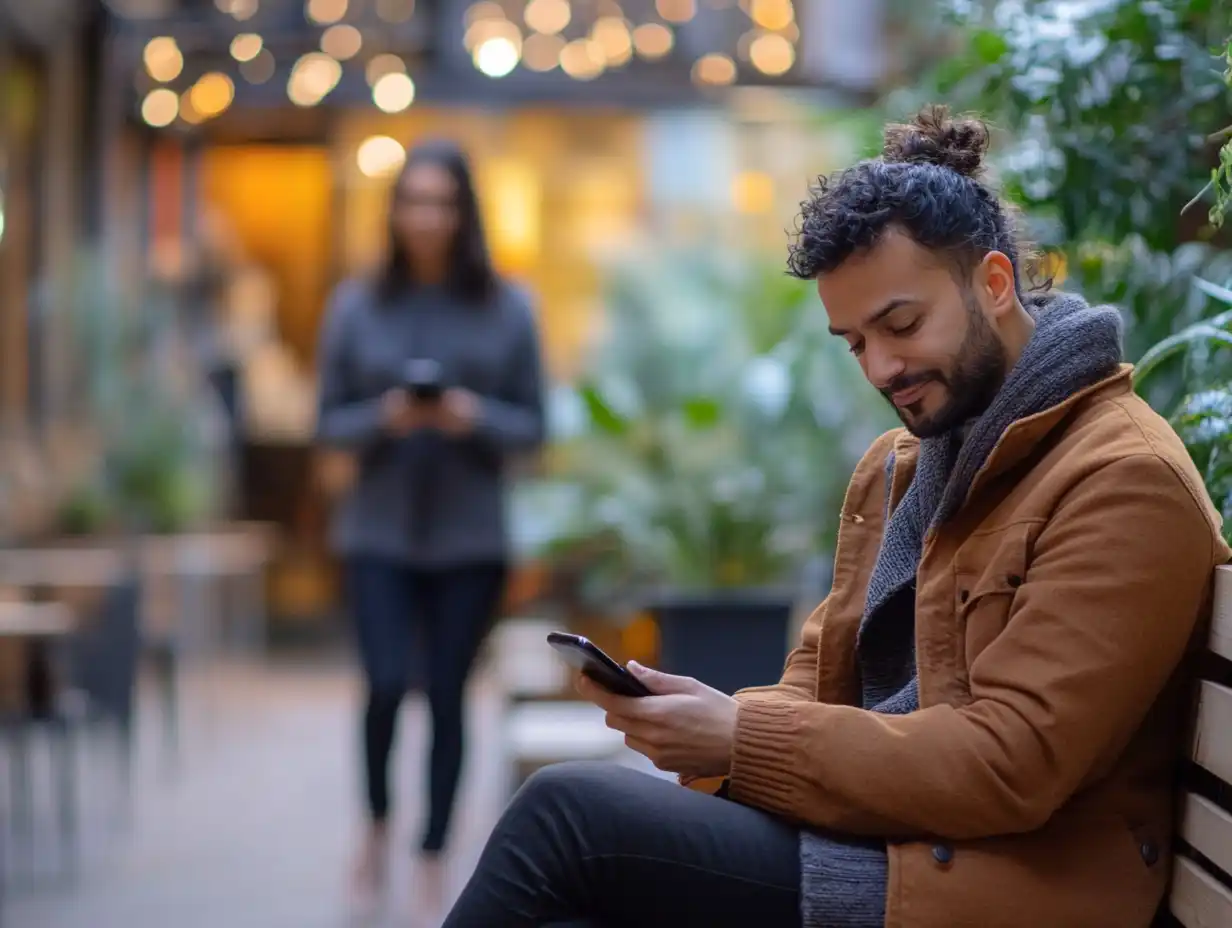 Erste Schritte Mann mit Smartphone sitzt auf Bank