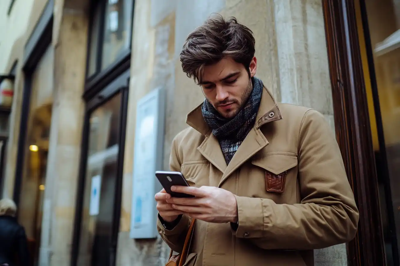 Mann schaut auf Smartphone