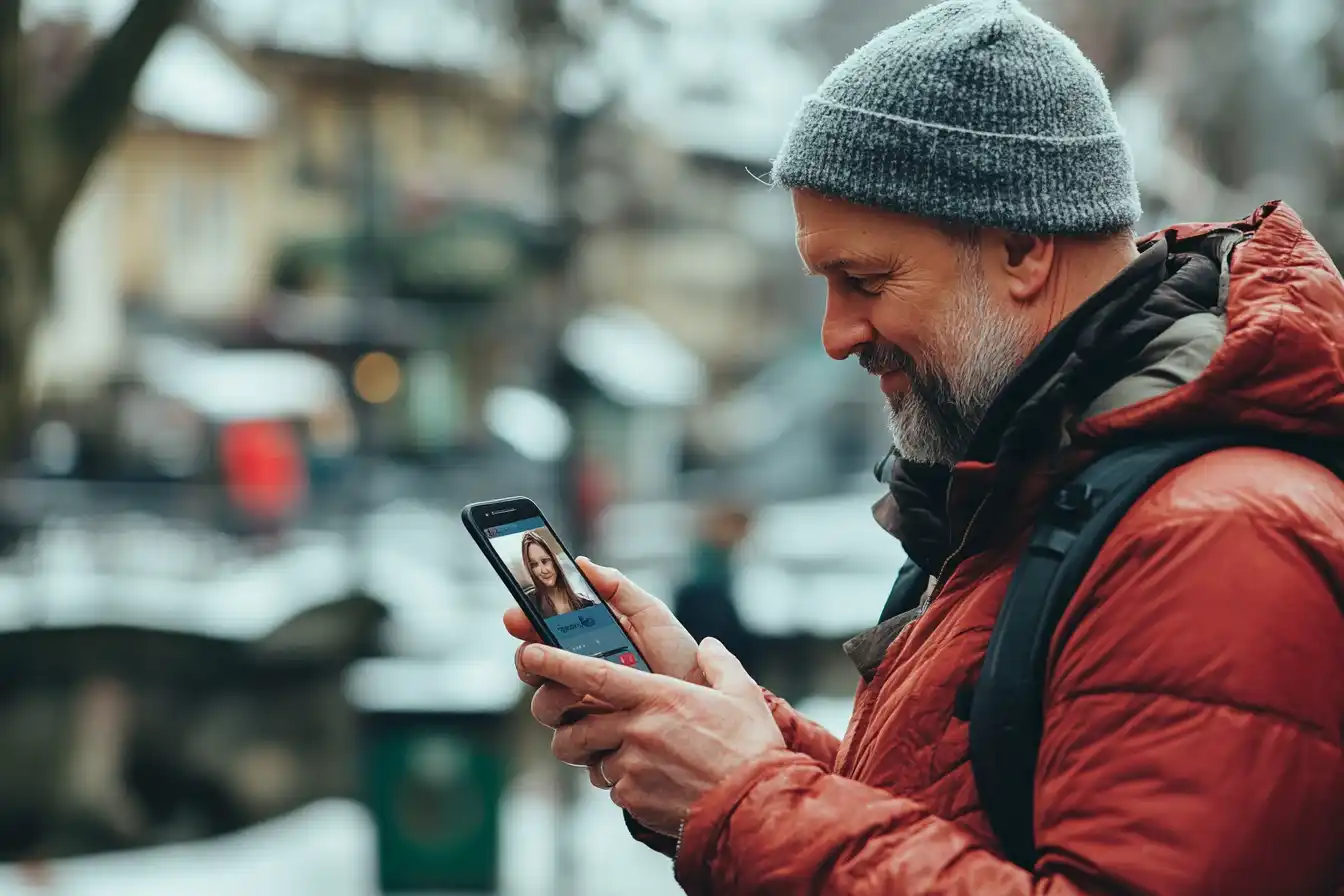 Mann schaut auf sein Smartphone mit Dating App