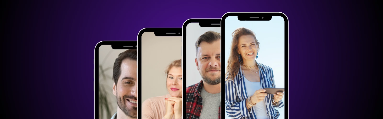 Mehrere Smartphones zeigen verschiedene, sympathische Porträtfotos von Singles für ein Dating-App-Profil.