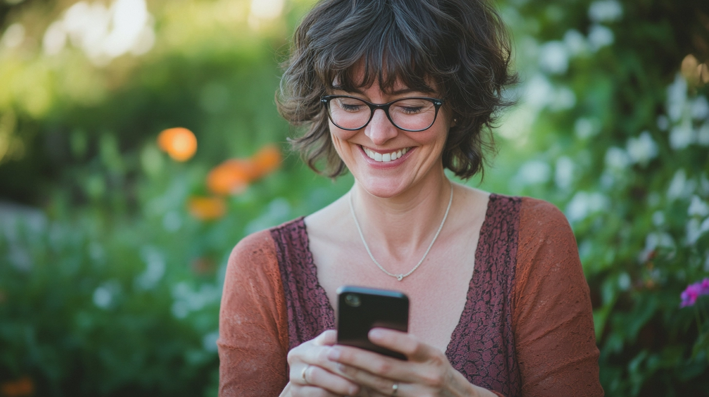 Lächelnde Frau schaut aufs Smartphone