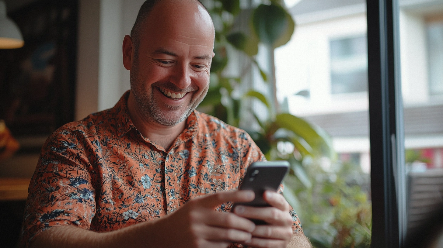Lächelnder Mann hält ein Smartphone
