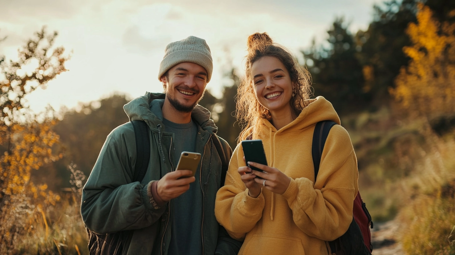 Junges Paar in der Natur mit Smartphones in den Händen