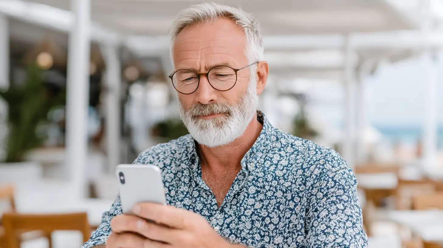Älterer Mann schaut auf Smartphone 