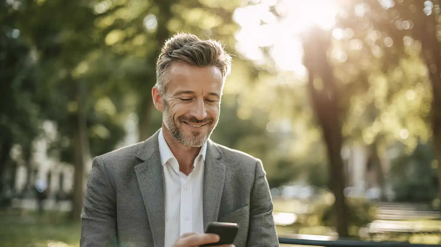Geschäftsmann schaut auf Smartphone