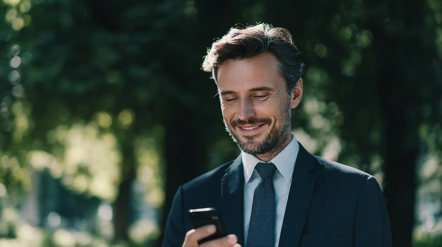 Junger Geschäftsmann schaut auf Smartphone