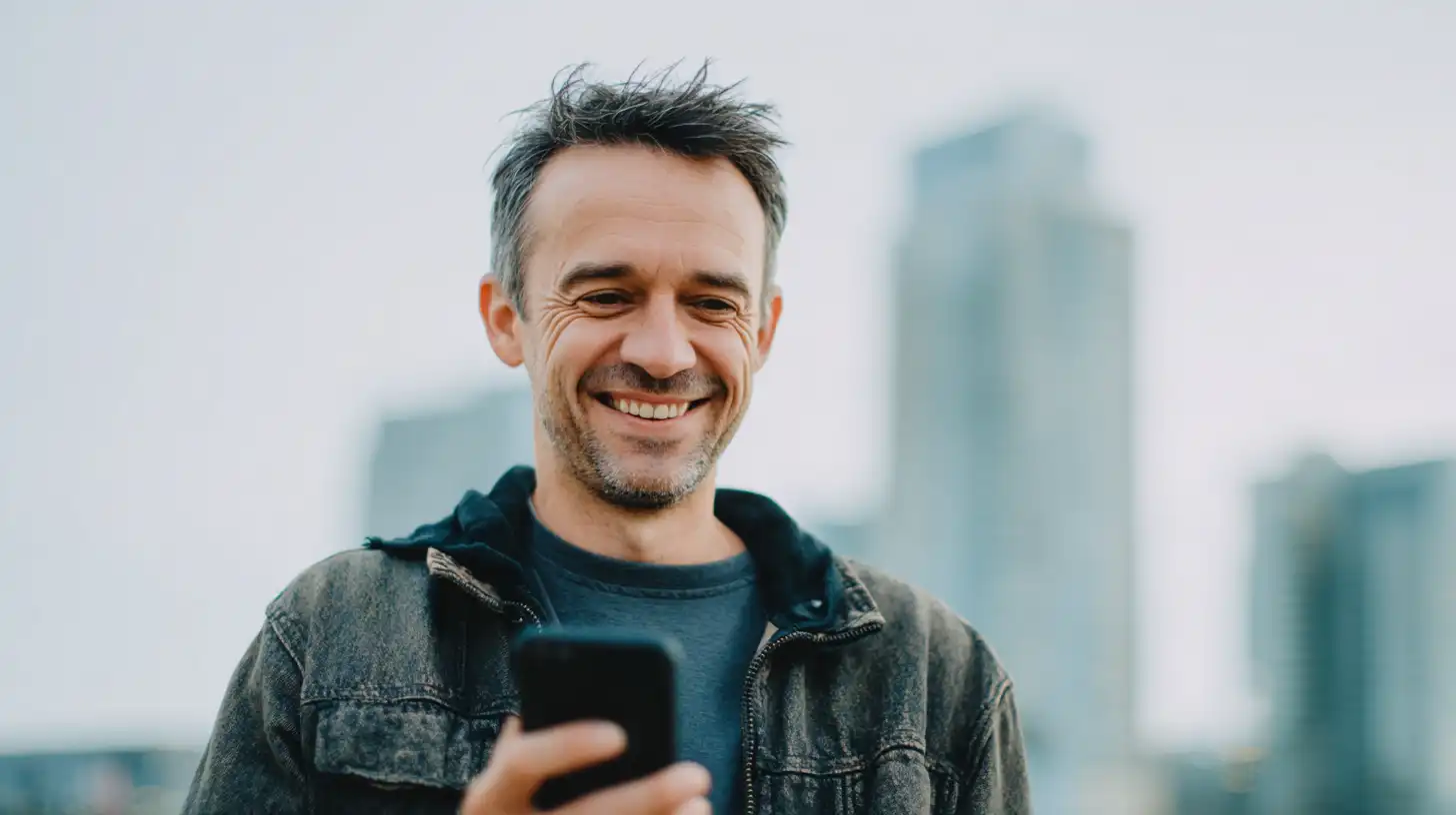 Mann um die 30 schaut auf sein Smartphone 