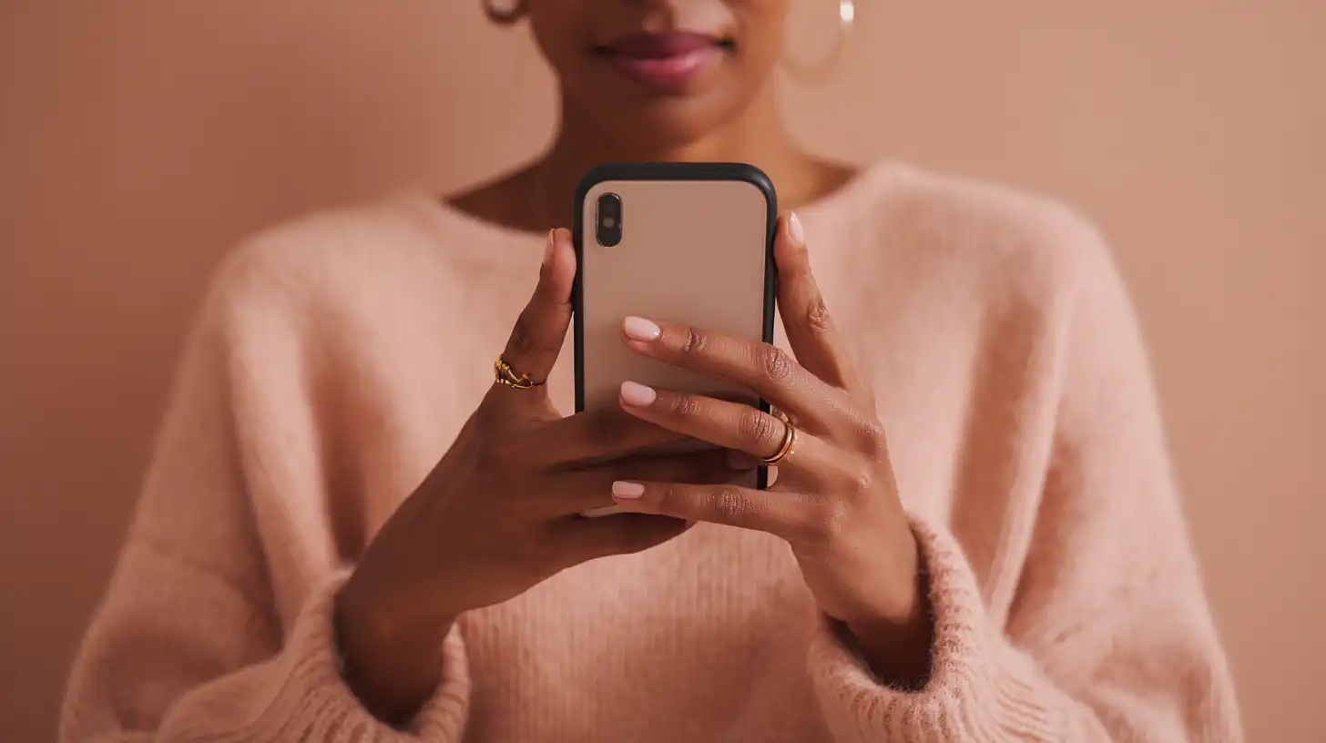 lächelnde Frau schaut auf ihr Smartphone 