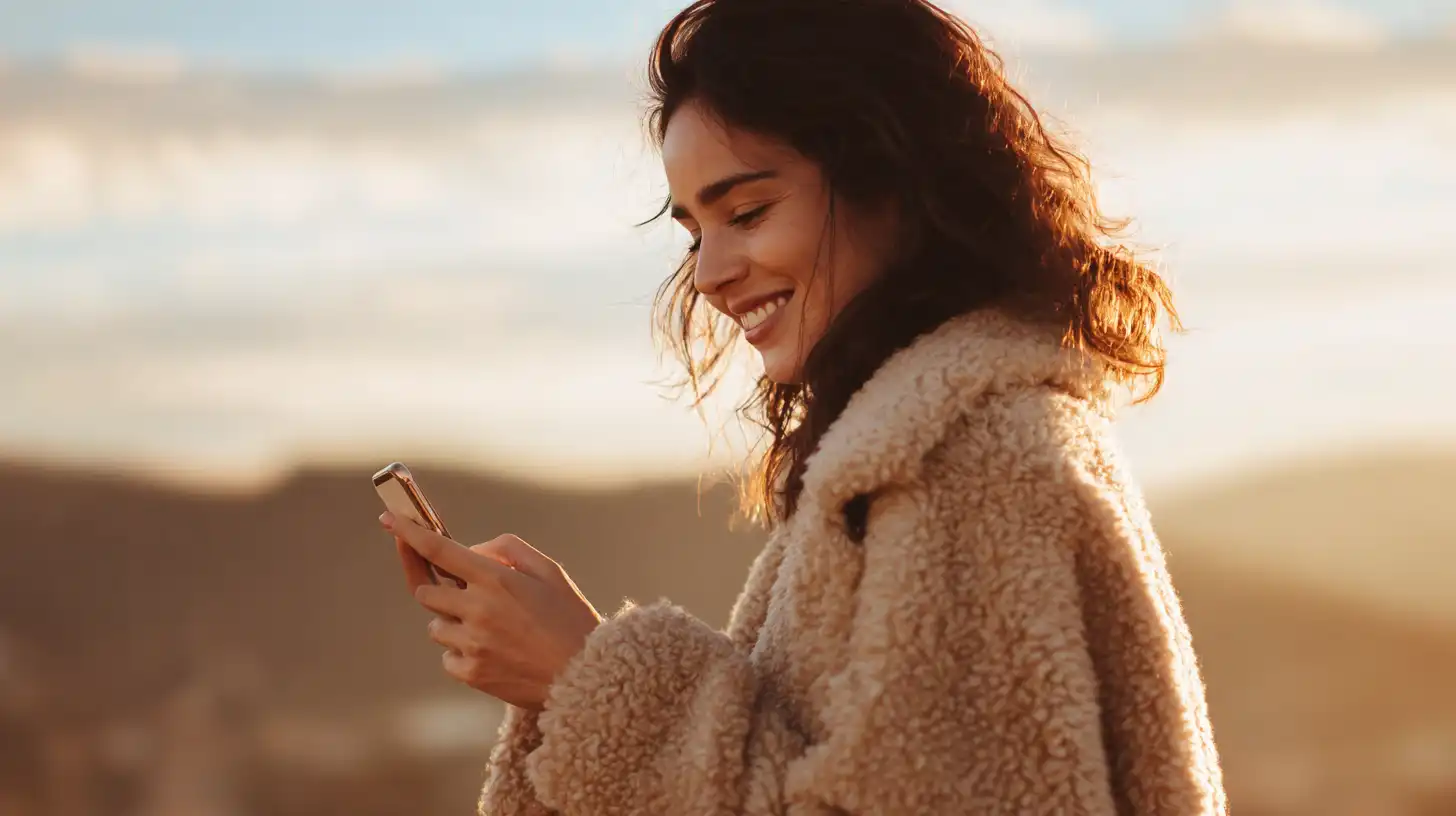 lächelnde Frau schaut auf ihr Smartphone