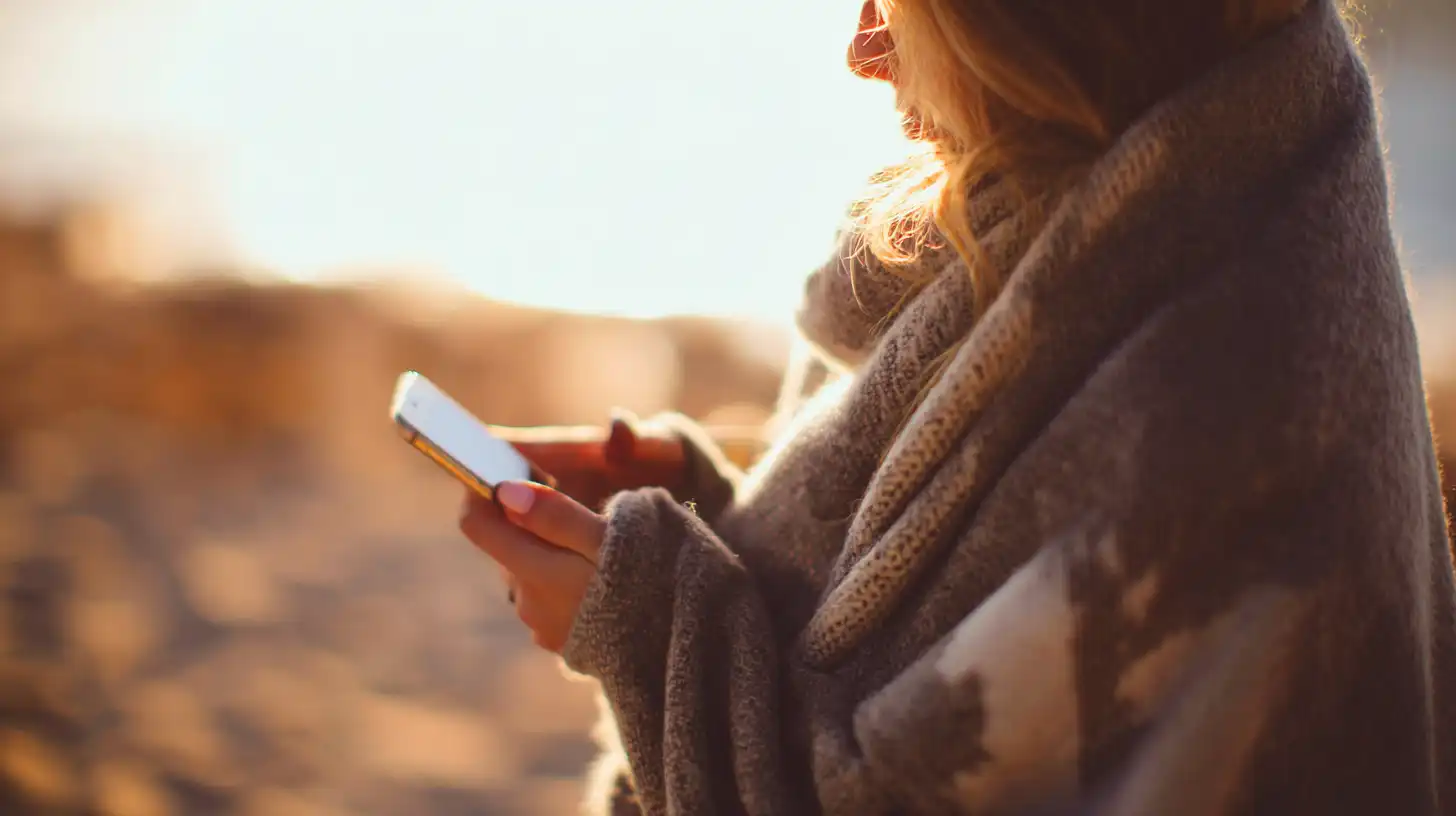 lächelnde Frau schaut auf ihr Smartphone 