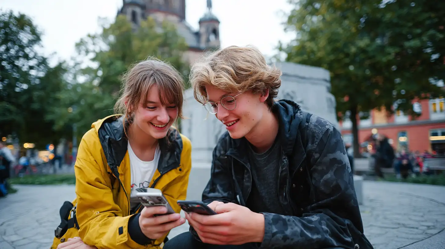 Junges Paar schaut auf seine Smartphones 