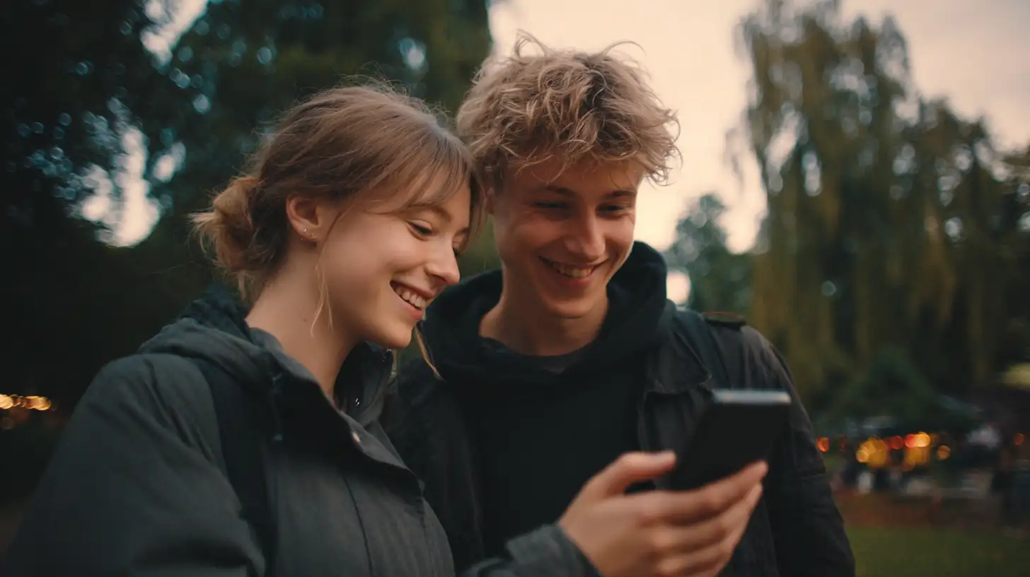 Junges Paar schaut auf seine Smartphones 