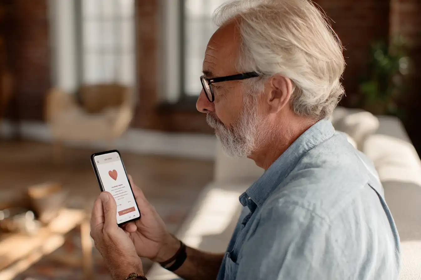 Älterer Mann schaut auf sein Smartphone mit Dating-App