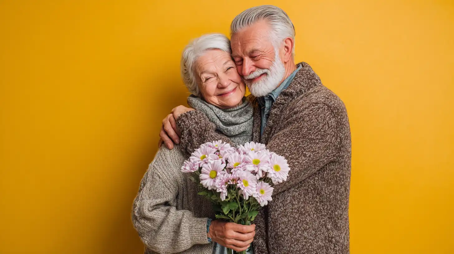 Älteres glückliches Paar mit Blumen