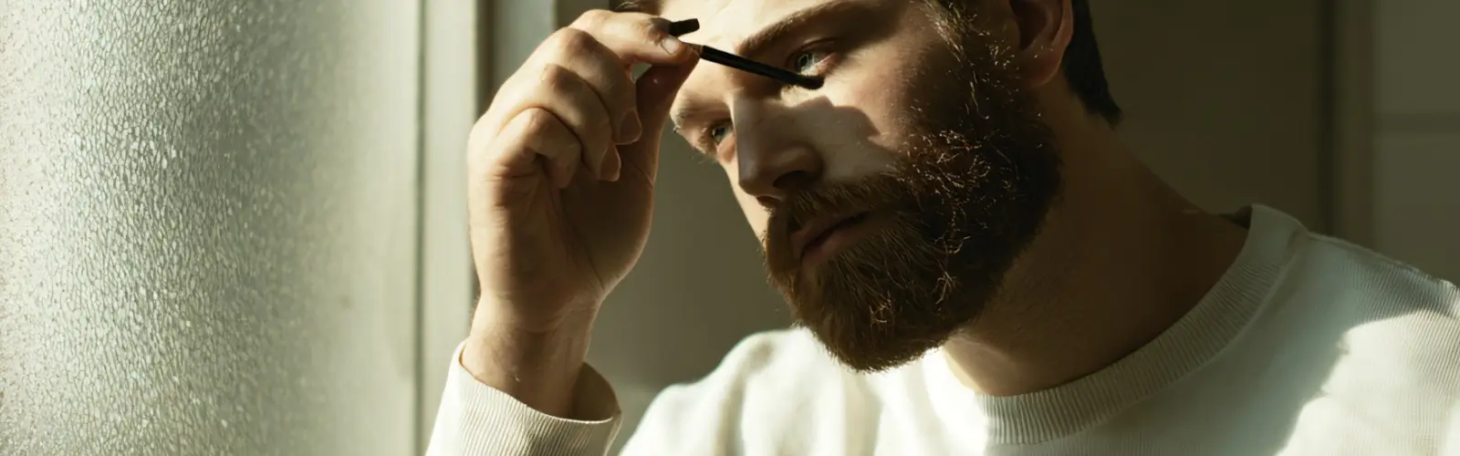 mann-nachdenklich-spiegel-online-dating-authentizitaet Ein nachdenklicher Mann betrachtet sich im Spiegel, Symbol für Selbstreflexion und Ehrlichkeit beim Online-Dating.