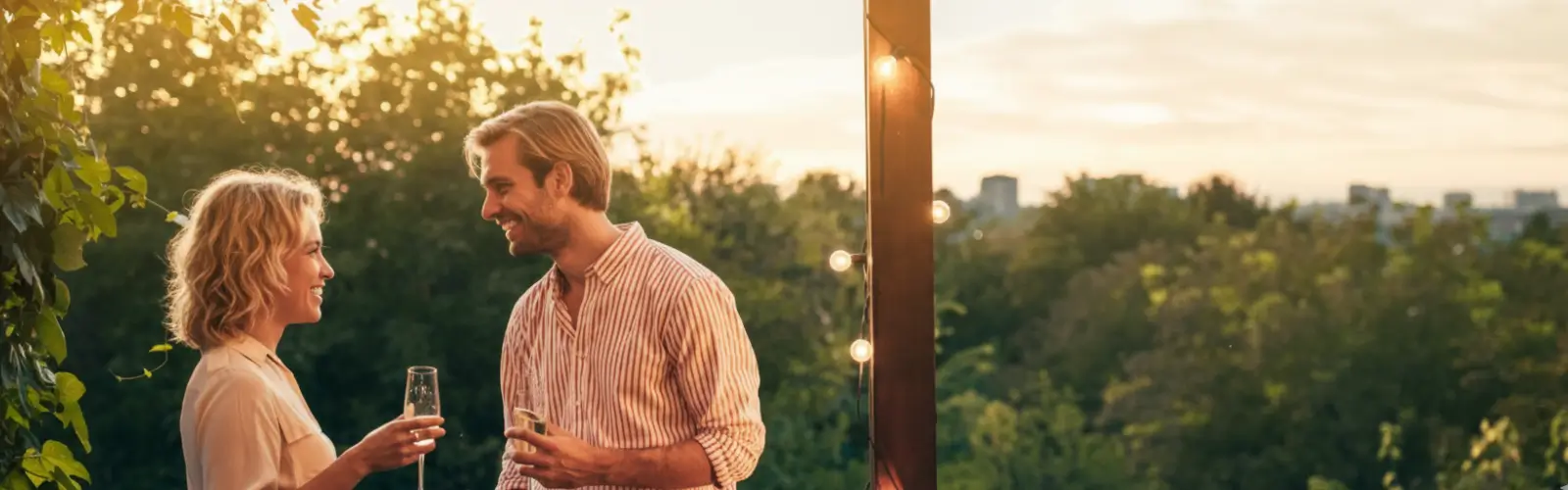 dating-app-vergleich-romantisches-date-sonnenuntergang-2025 Paar genießt ein romantisches Date bei Sonnenuntergang und stößt mit Getränken an.